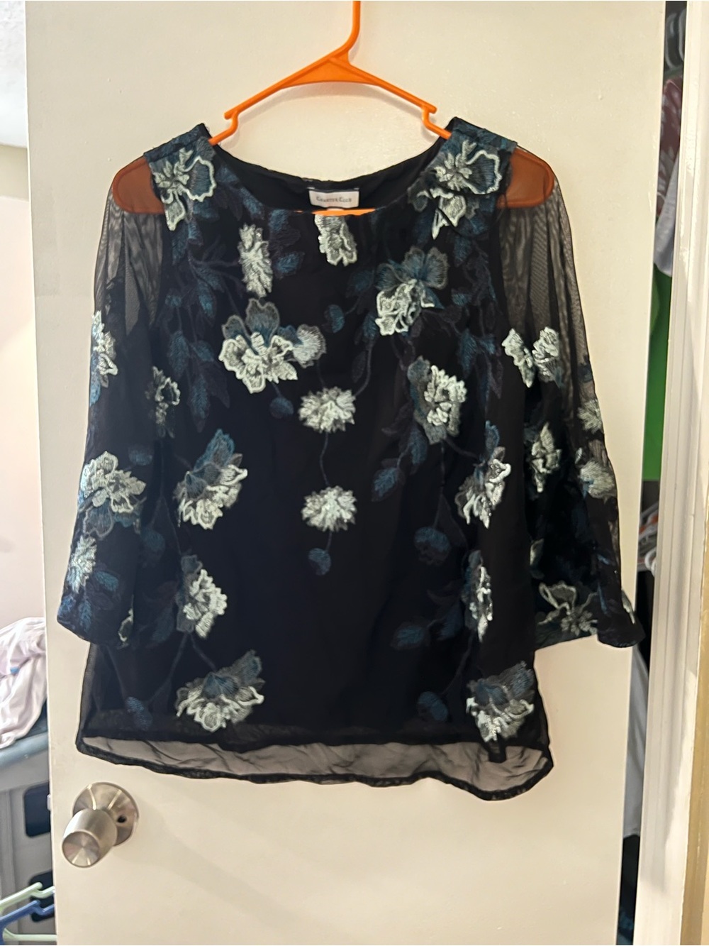 Charter Club Black Sheer Blouse with Teal & Light Blue Floral Embroidery